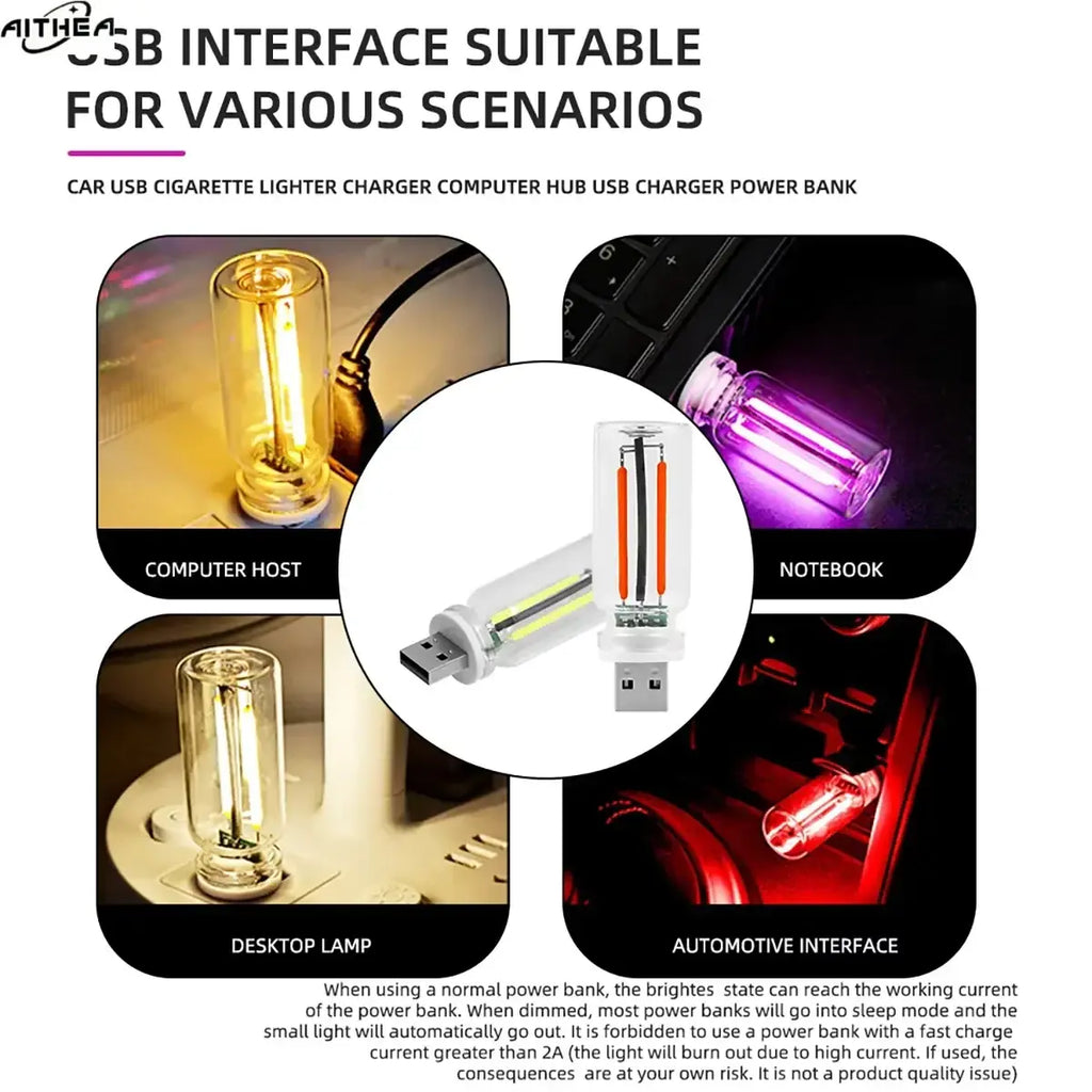 Clear glass usb night light with orange and white filaments for versatile atmosphere light charging use