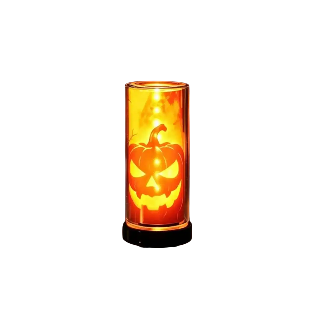 A glowing orange pumpkin-themed usb night light glass touch atmosphere light with clear glass body and black base