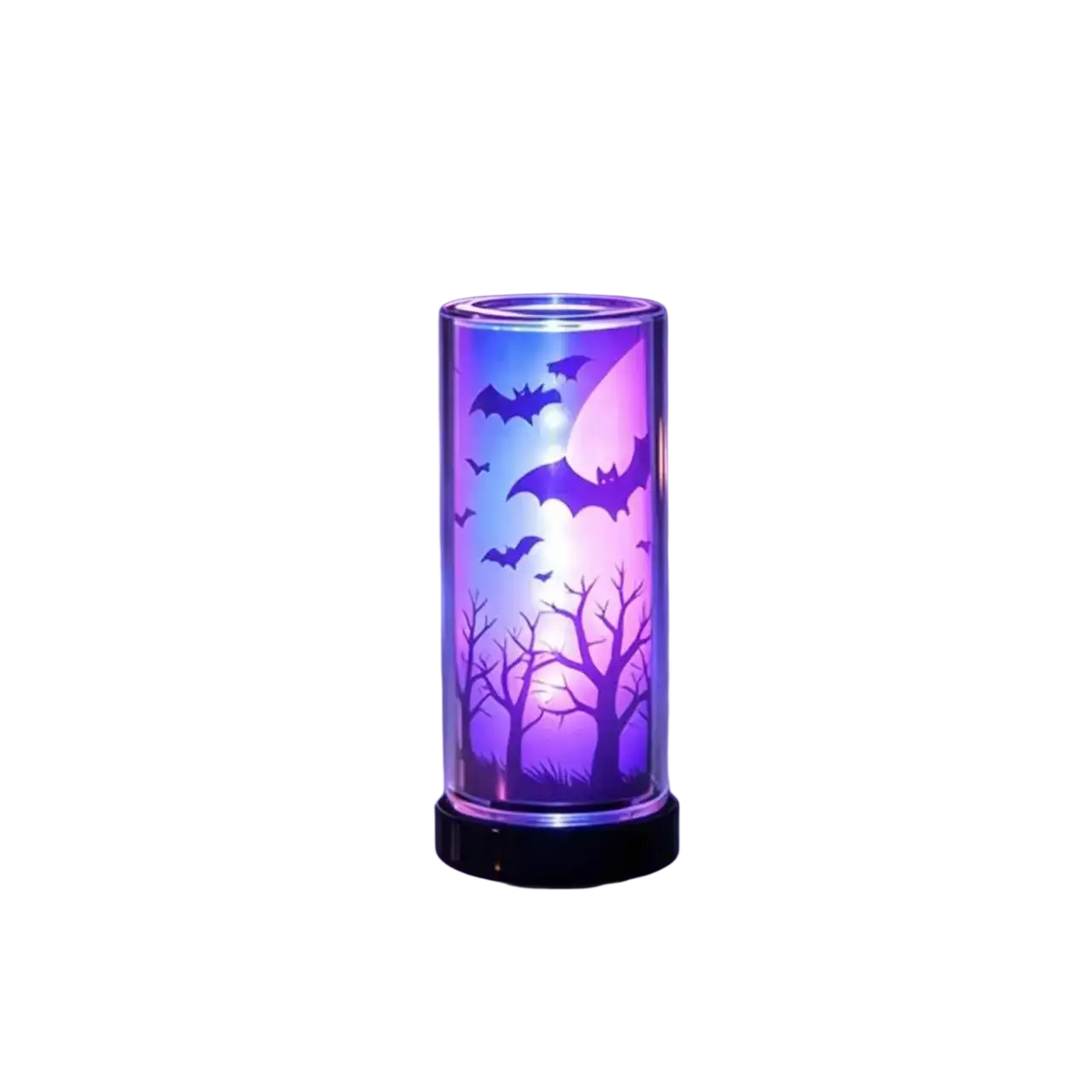 Purple-lit usb night light glass touch atmosphere light with clear glass and bat tree silhouettes on black base