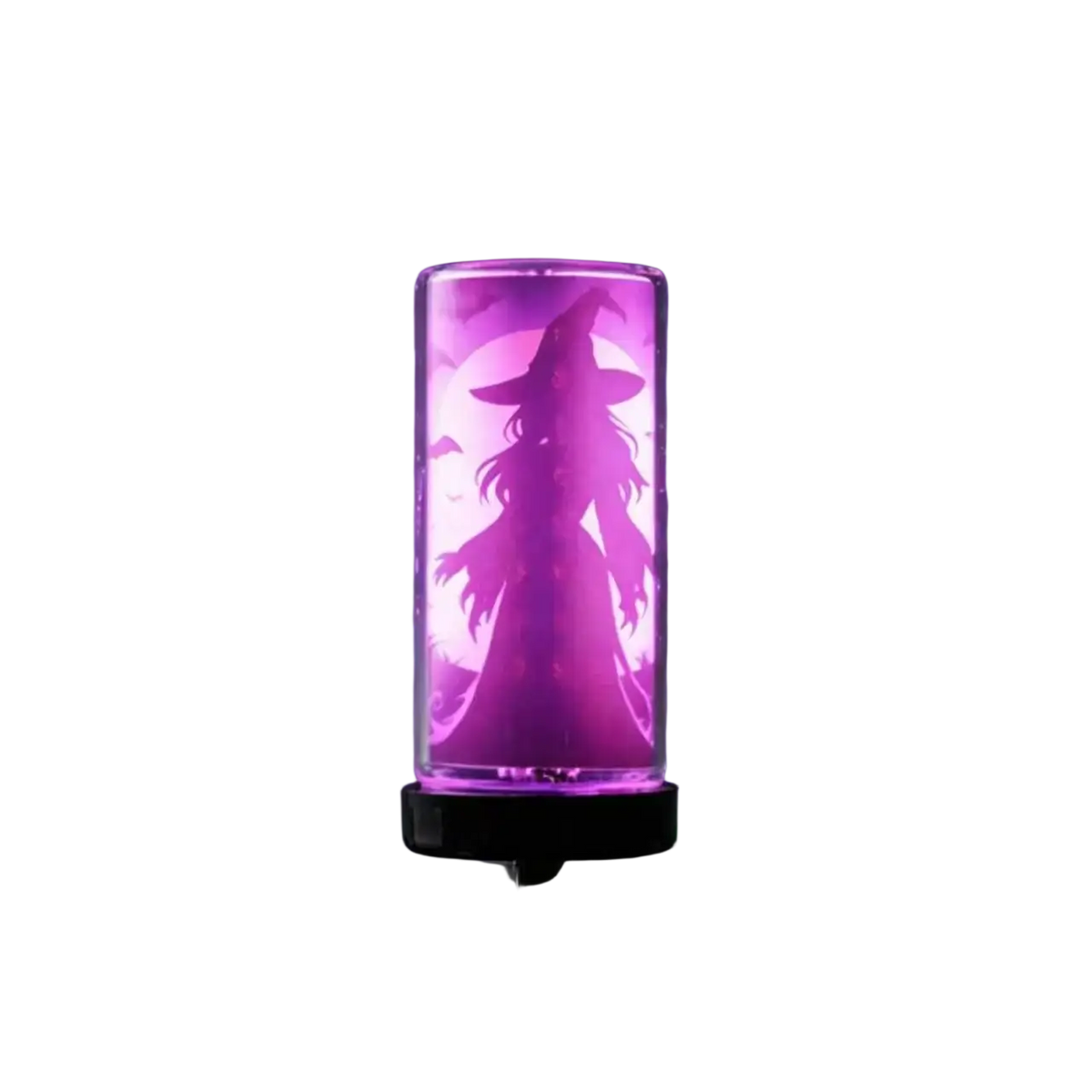 Usb night light with purple glowing witch silhouette in transparent glass body and black base for atmosphere light