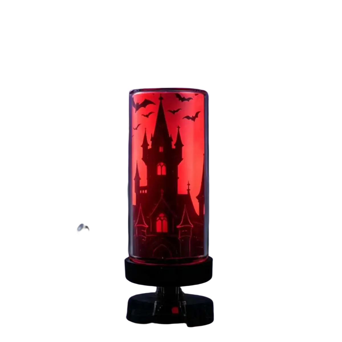 Red-lit usb night light glass touch atmosphere light with intricate castle silhouette and bat cutouts branded castle red