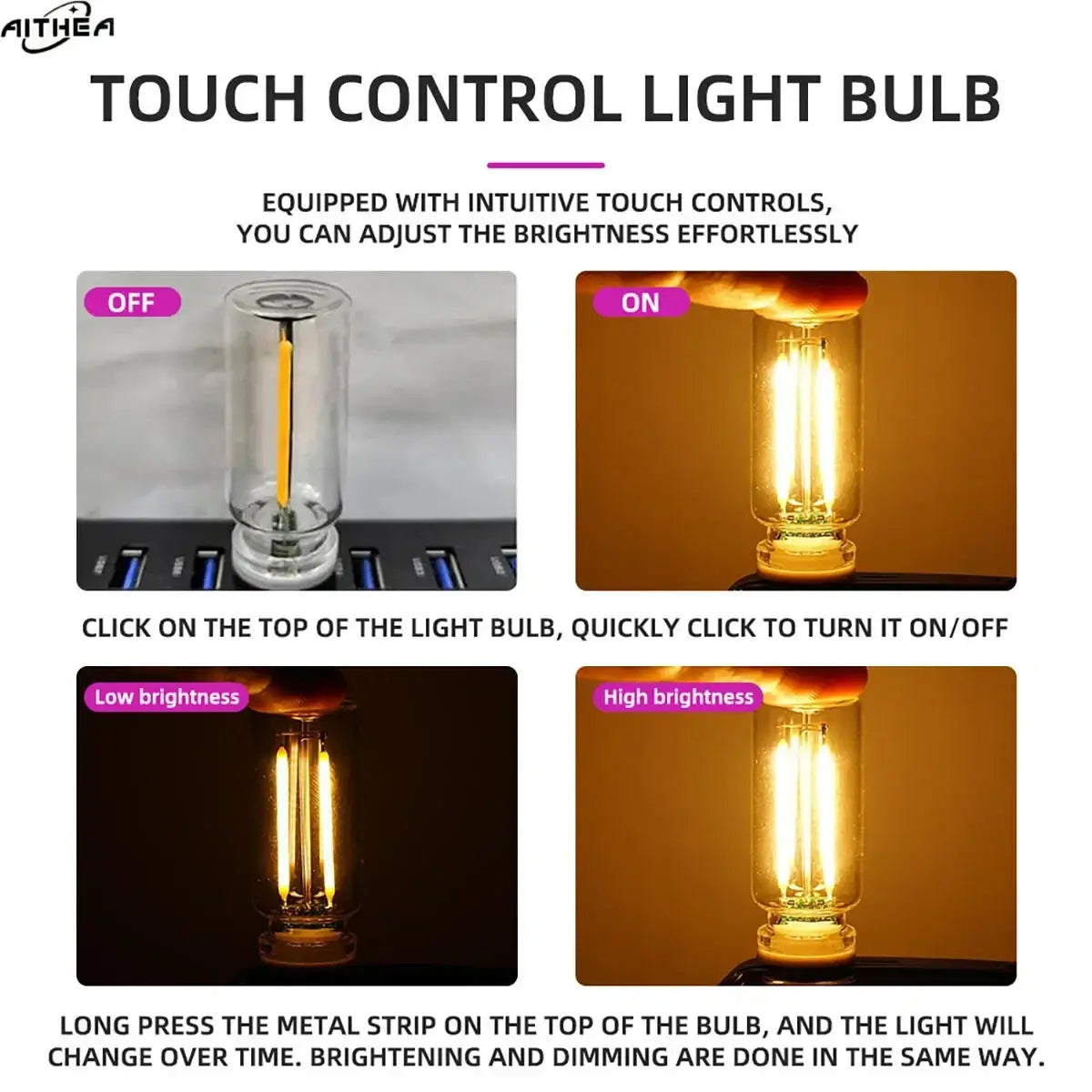 Usb night light glass touch color changing atmosphere light with warm yellow led filament and top-touch brightness control