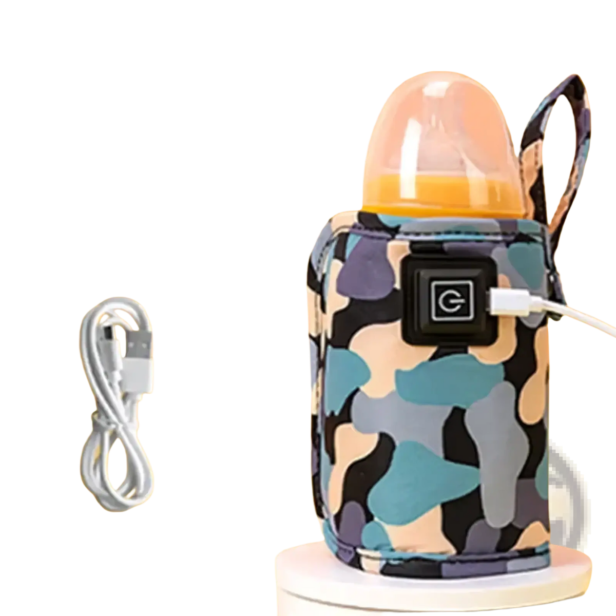 Usb portable baby bottle warmer bag with camouflage pattern electric heating, black control panel, and usb charging cable
