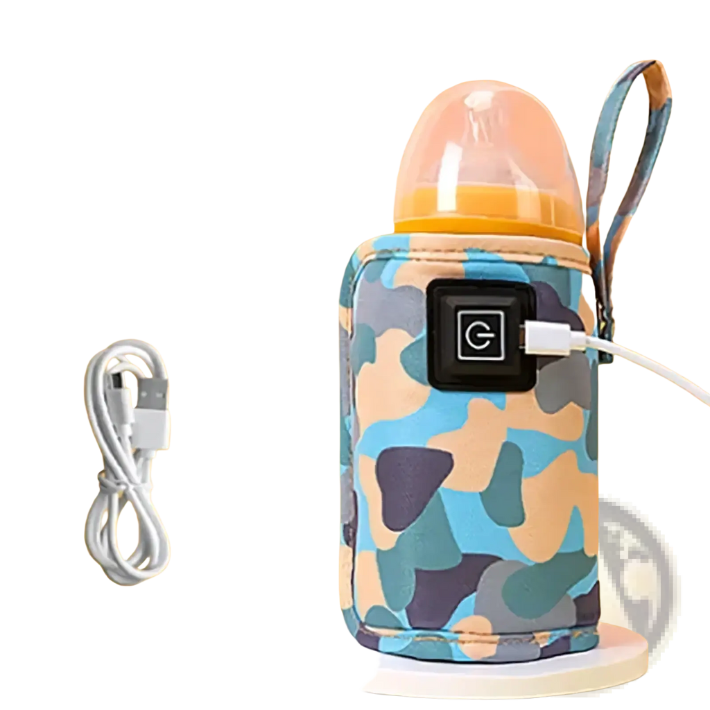 Usb portable baby bottle warmer bag in blue and beige camouflage pattern with black control panel and usb charging cable