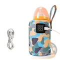 Usb portable baby bottle warmer bag in blue and beige camouflage pattern with black control panel and usb charging cable