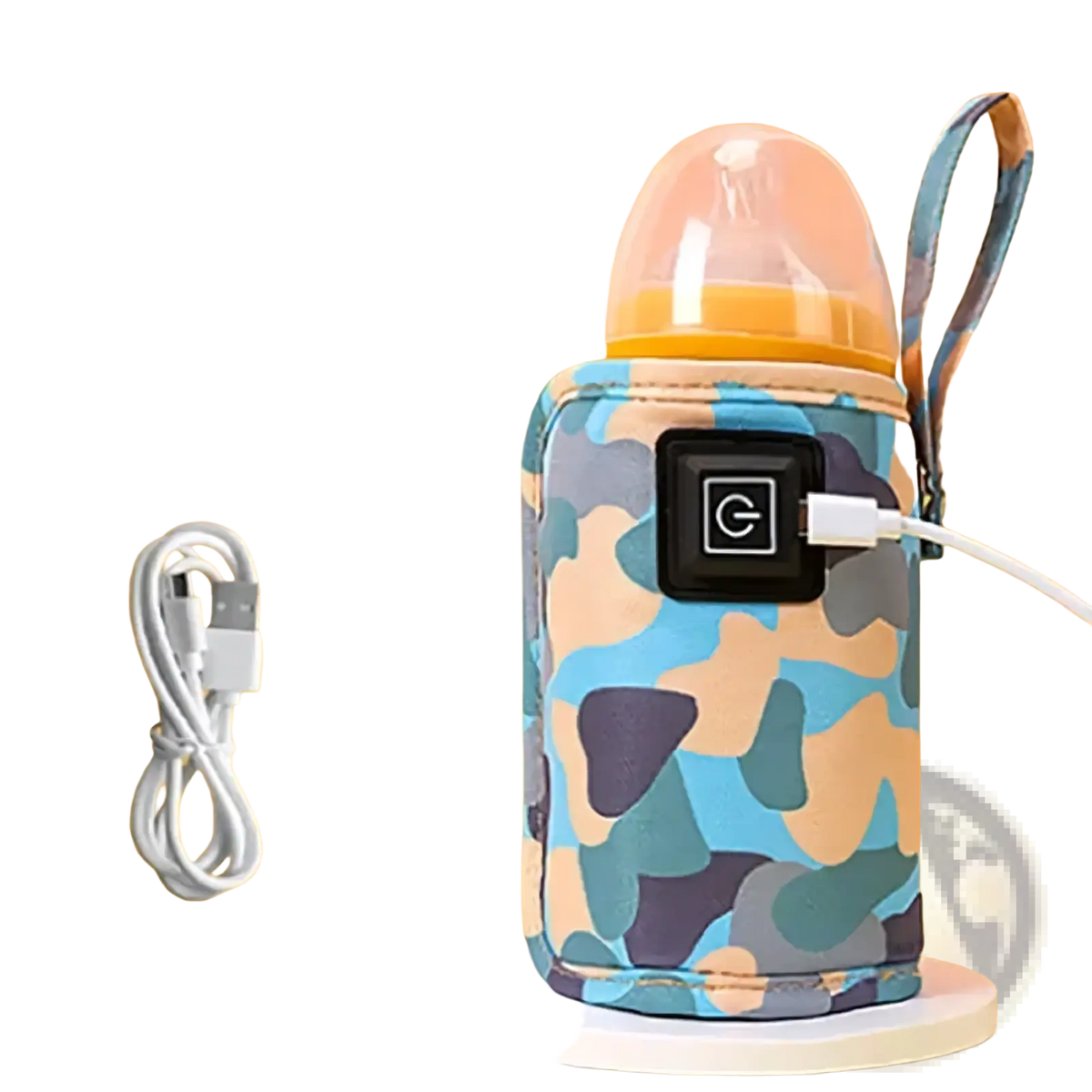 Usb portable baby bottle warmer bag in blue and beige camouflage pattern with black control panel and usb charging cable