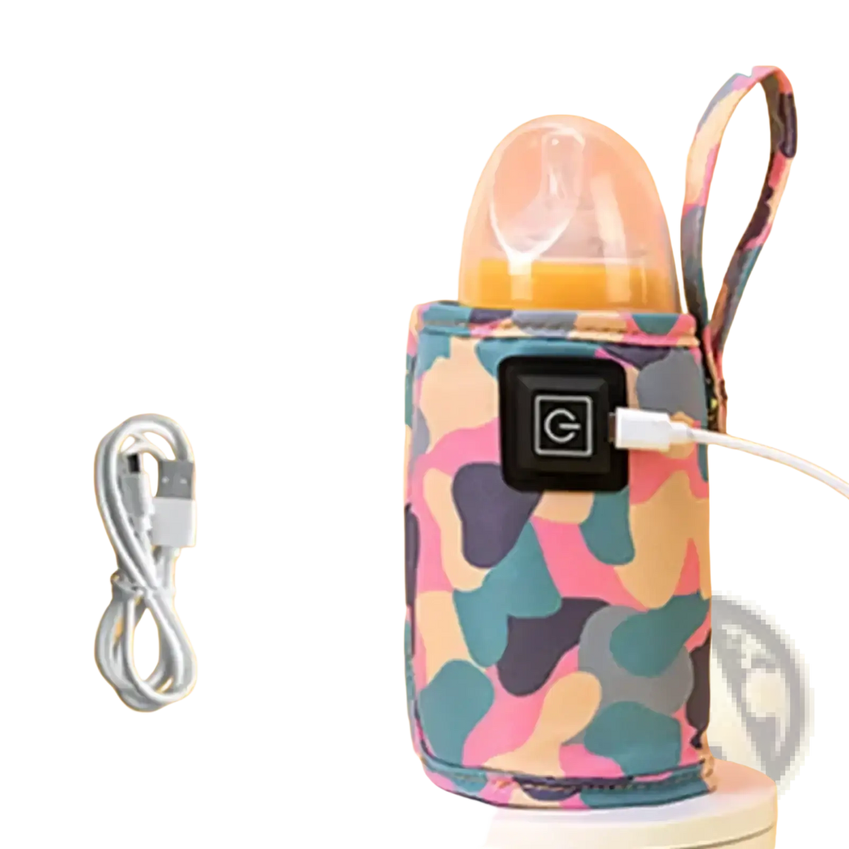 Usb portable baby bottle warmer bag with colorful camouflage pattern black control panel and usb charging cable