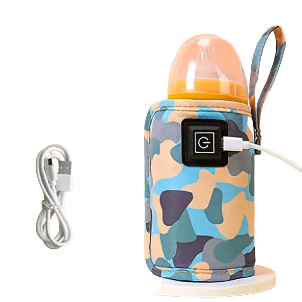 Usb portable baby bottle warmer bag in blue and beige camouflage pattern with black control panel and usb charging cable