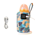 Usb portable baby bottle warmer bag in blue and beige camouflage pattern with black control panel and usb charging cable