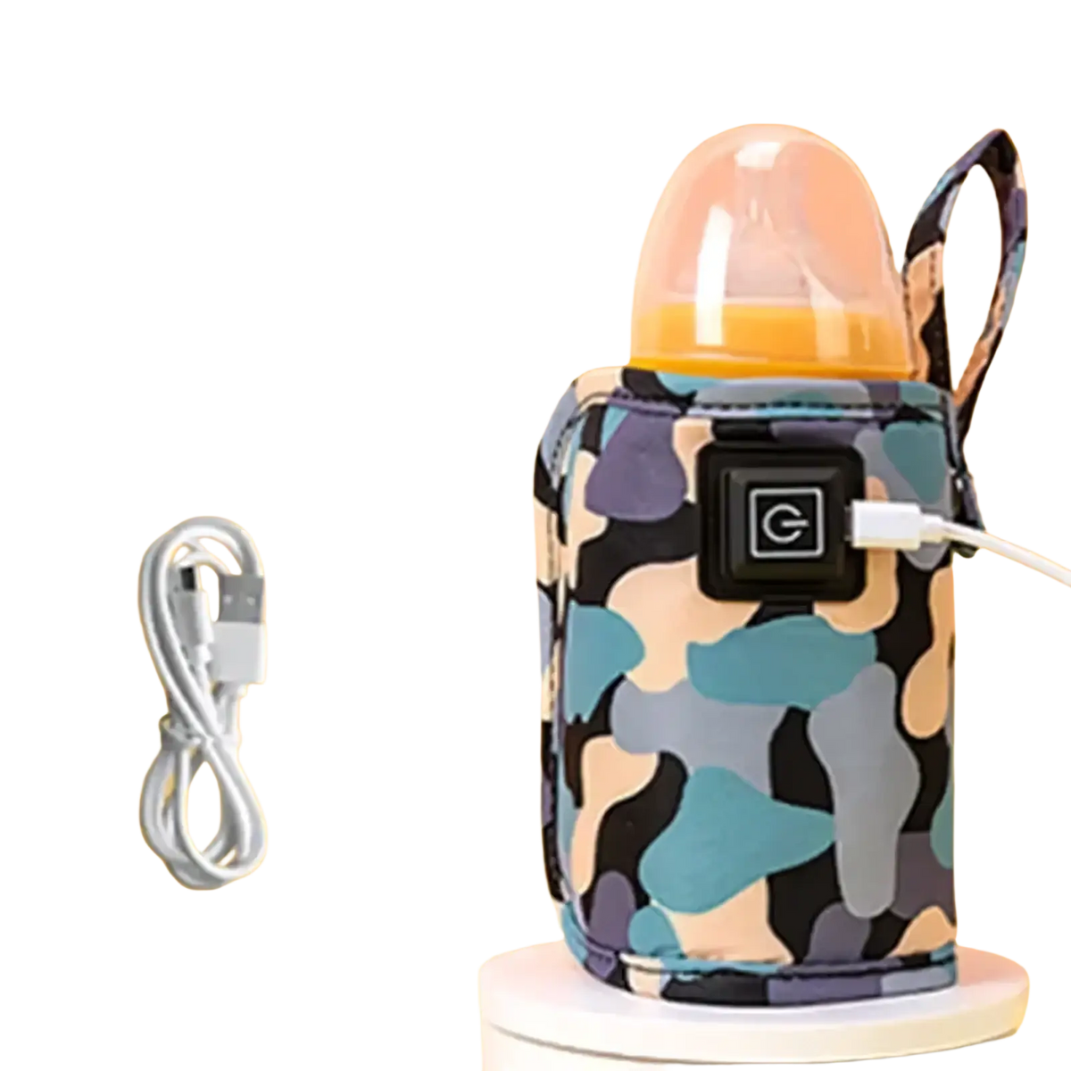 Usb portable baby bottle warmer bag with camouflage pattern electric heating, black control panel, and usb charging cable