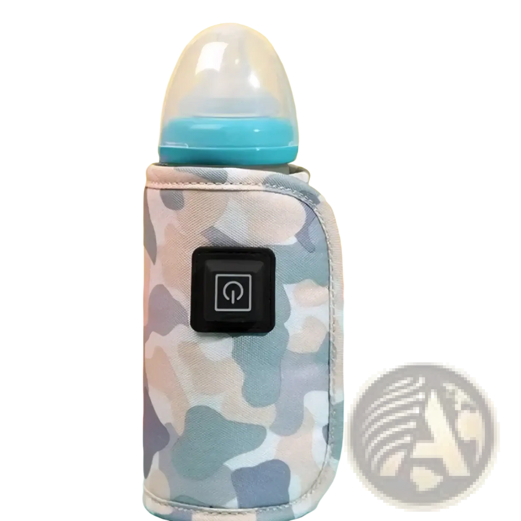 Usb portable baby bottle warmer bag in camouflage pattern with black power button holding a translucent blue baby bottle
