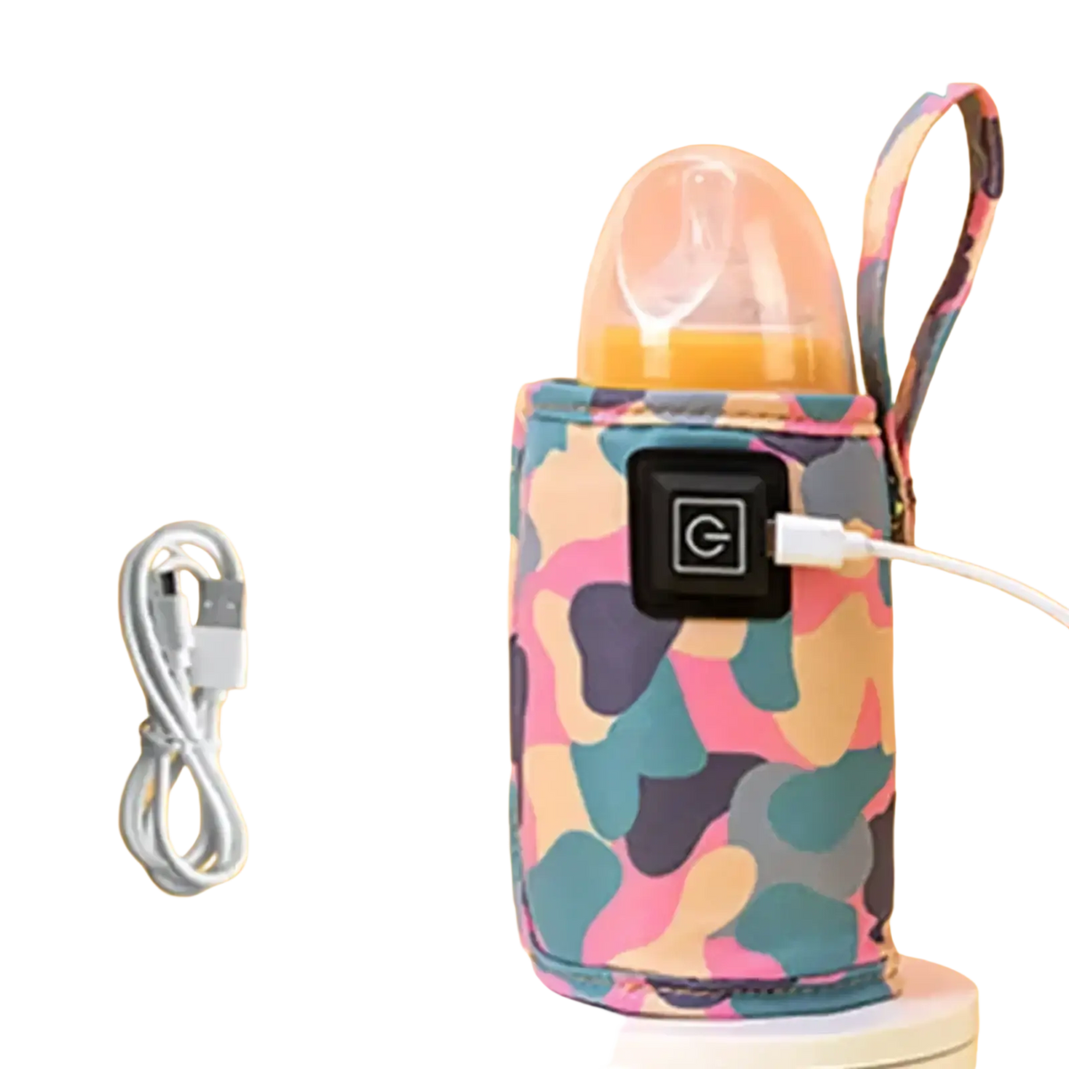 Usb portable baby bottle warmer bag with colorful camouflage pattern black control panel and usb charging cable