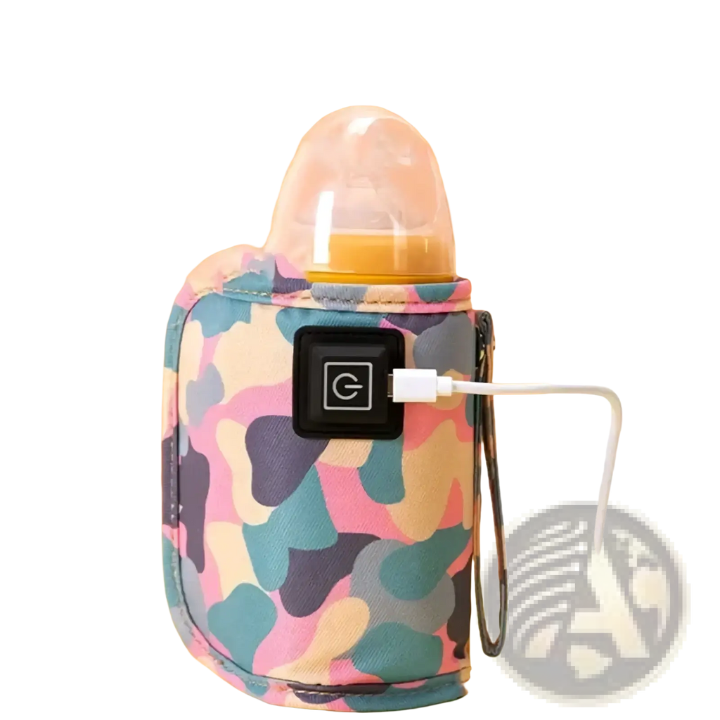 Usb portable baby bottle warmer bag with pink blue beige camouflage pattern insulated design and black control panel