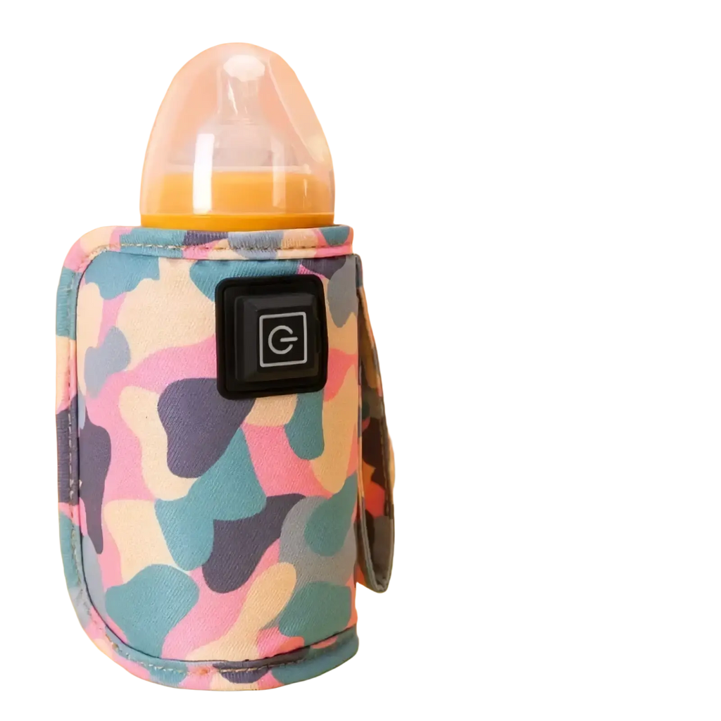 Usb portable baby bottle warmer bag in pink blue and purple camouflage pattern with black control panel for electric use