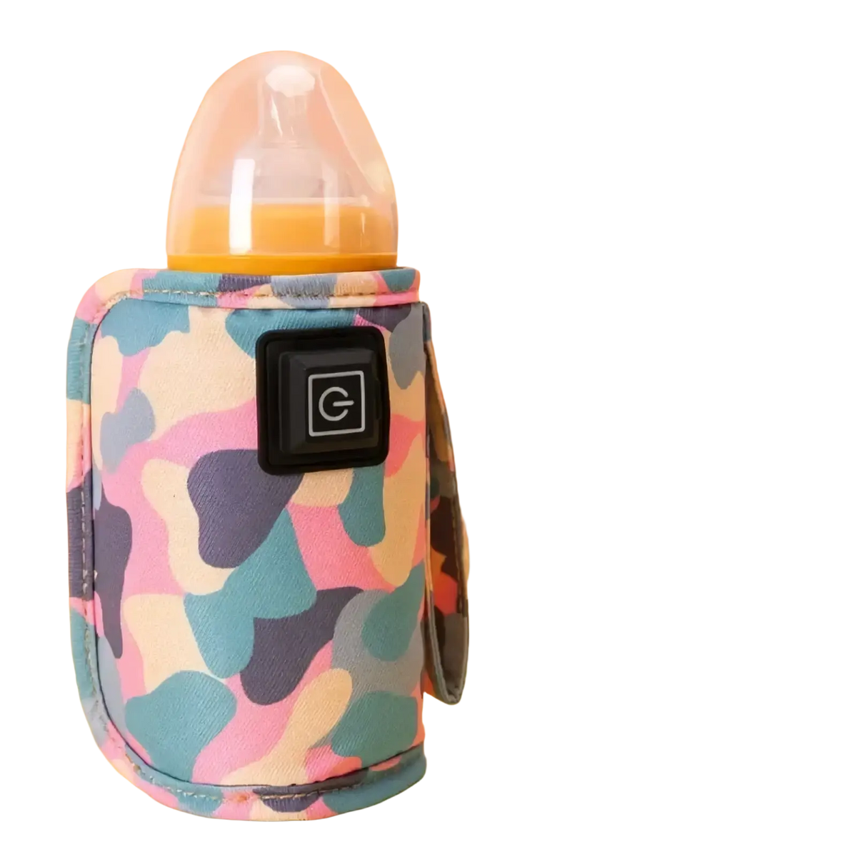 Usb portable baby bottle warmer bag in pink blue and purple camouflage pattern with black control panel for electric use