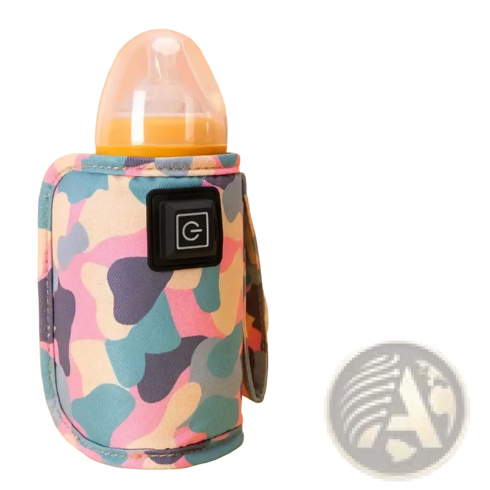 Usb portable baby bottle warmer bag in pink blue and purple camouflage pattern with black control panel for electric use