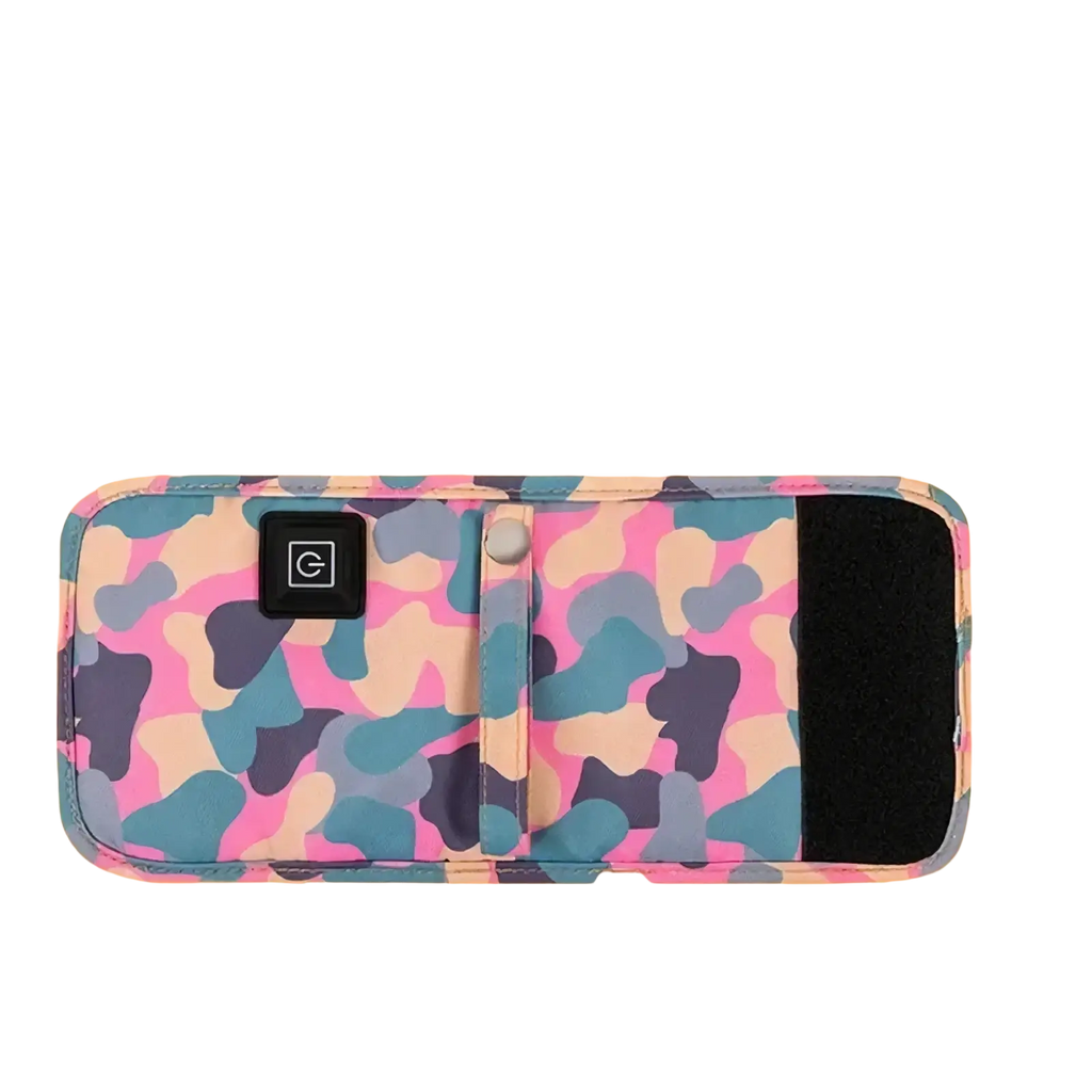 Usb portable baby bottle warmer bag with vibrant pink blue beige camouflage pattern and black charging port cover