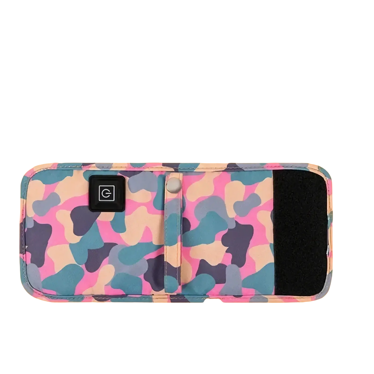 Usb portable baby bottle warmer bag with vibrant pink blue beige camouflage pattern and black charging port cover