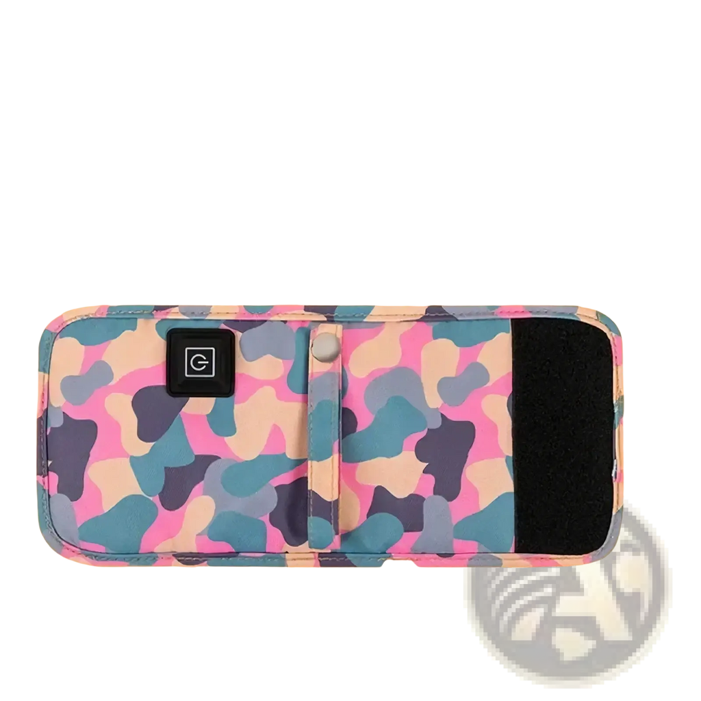 Usb portable baby bottle warmer bag with vibrant pink blue beige camouflage pattern and black charging port cover