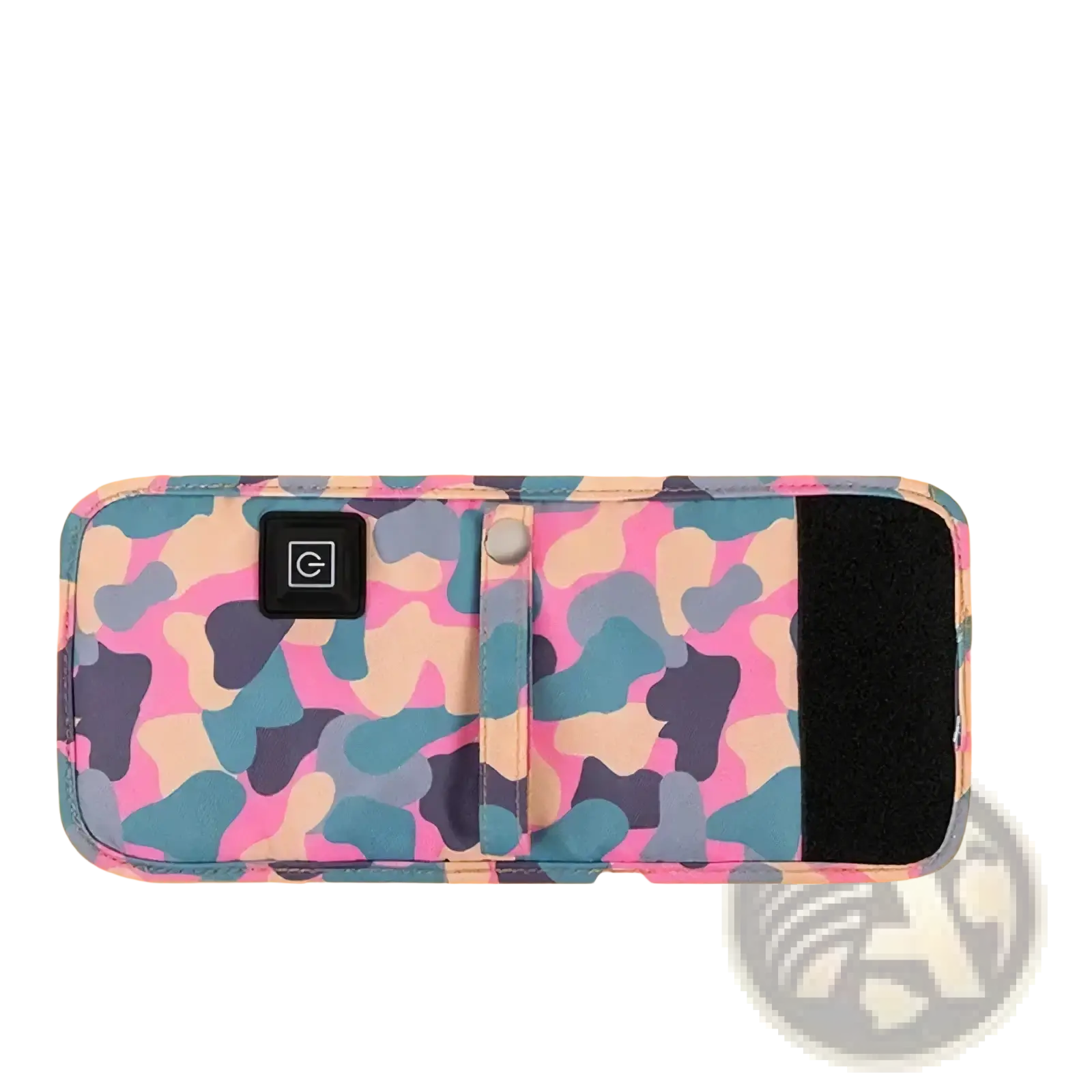 Usb portable baby bottle warmer bag with vibrant pink blue beige camouflage pattern and black charging port cover