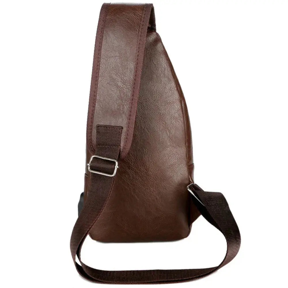 Brown faux leather usb charging chest messenger bag with adjustable strap metal buckle and shoulder design