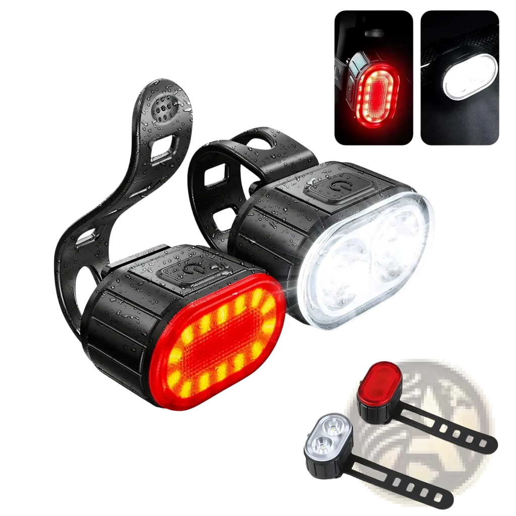 Usb rechargeable led bicycle light set in black with front white headlight and rear red taillight with adjustable brackets