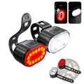 Usb rechargeable led bicycle light set in black with front white headlight and rear red taillight with adjustable brackets