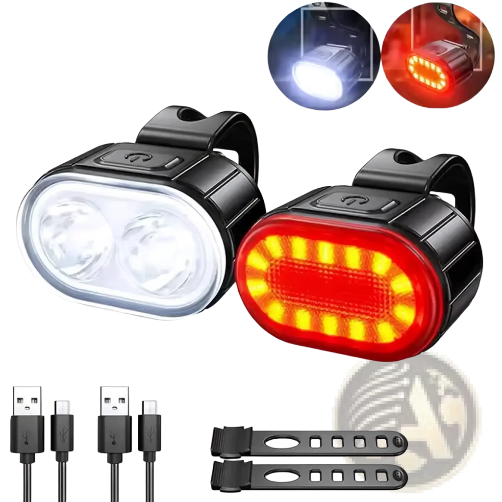 Usb rechargeable led bicycle light set black with white dual led front headlight and red rear taillight for visibility