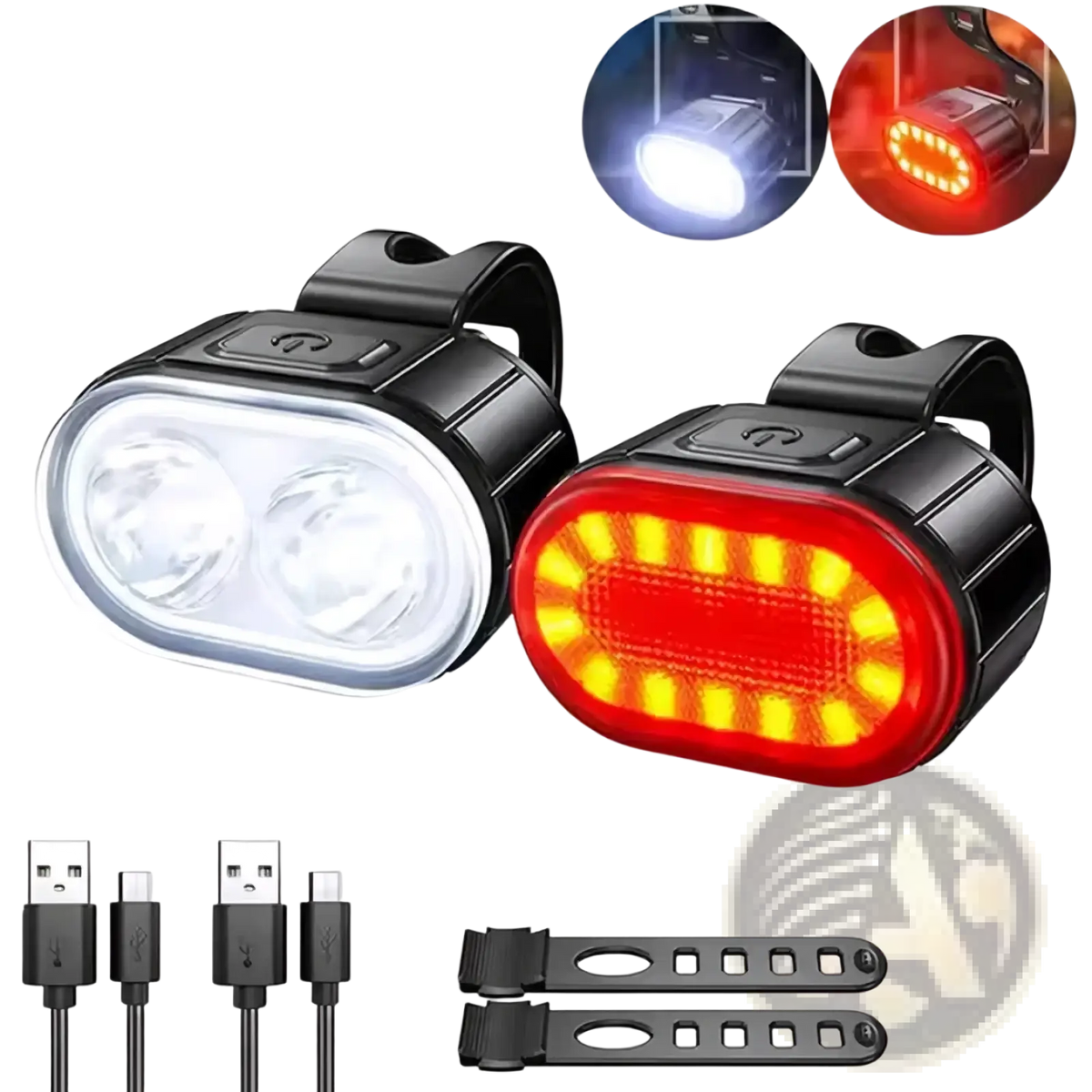 Usb rechargeable led bicycle light set black with white dual led front headlight and red rear taillight for visibility