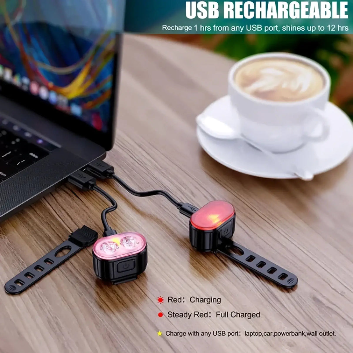 Usb rechargeable led bicycle light set with red and white led bulbs black plastic housing and adjustable straps