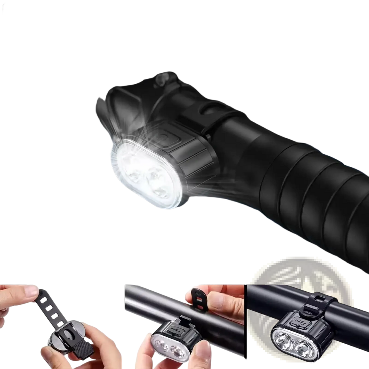 Usb rechargeable led bicycle light set black headlight with three bright white led bulbs and rubber strap for attachment