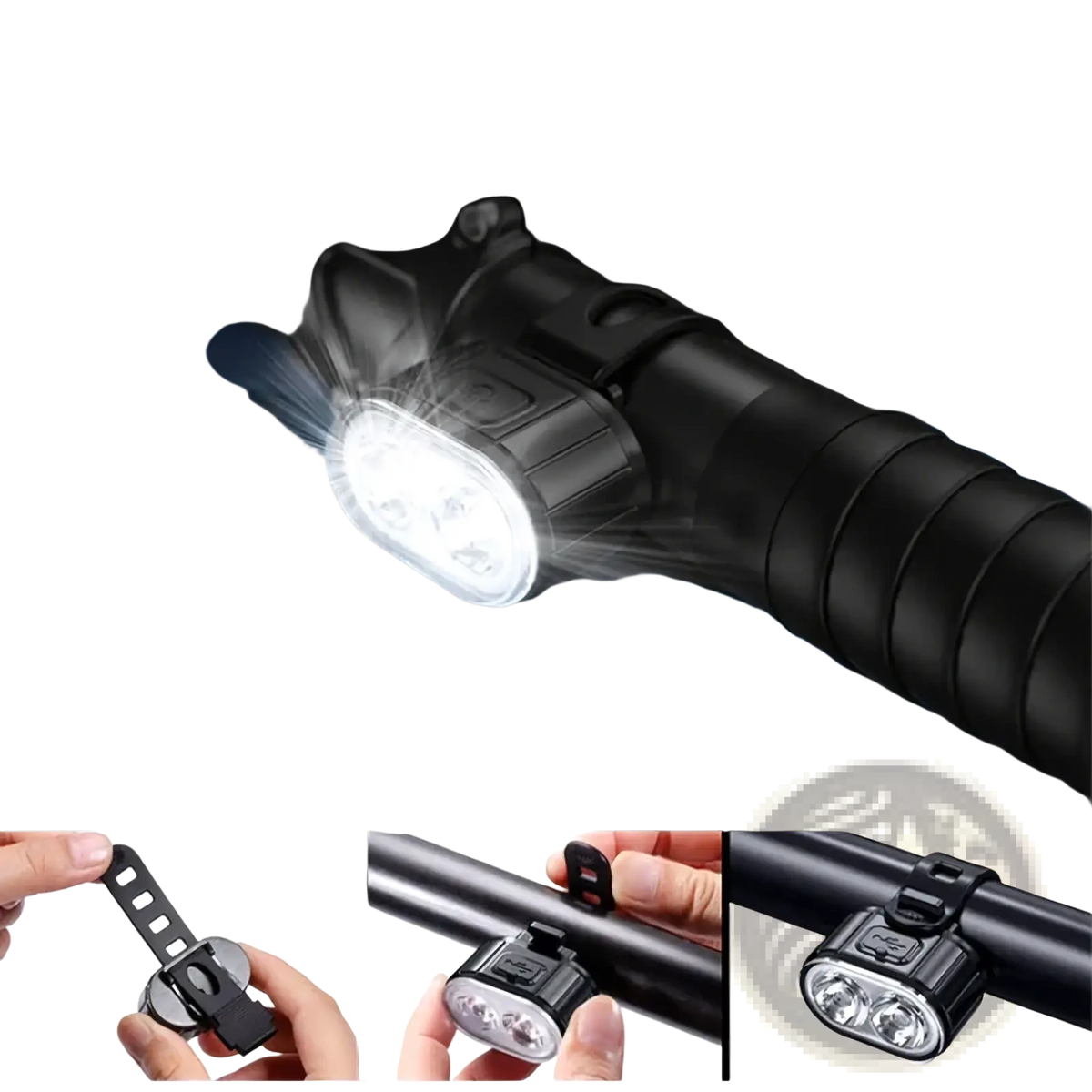 Black usb rechargeable led bicycle headlight with three bright bulbs and rubber strap for easy attachment