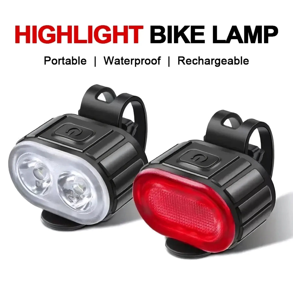 Black plastic usb rechargeable led bicycle light set with white front light and red rear light for safety use