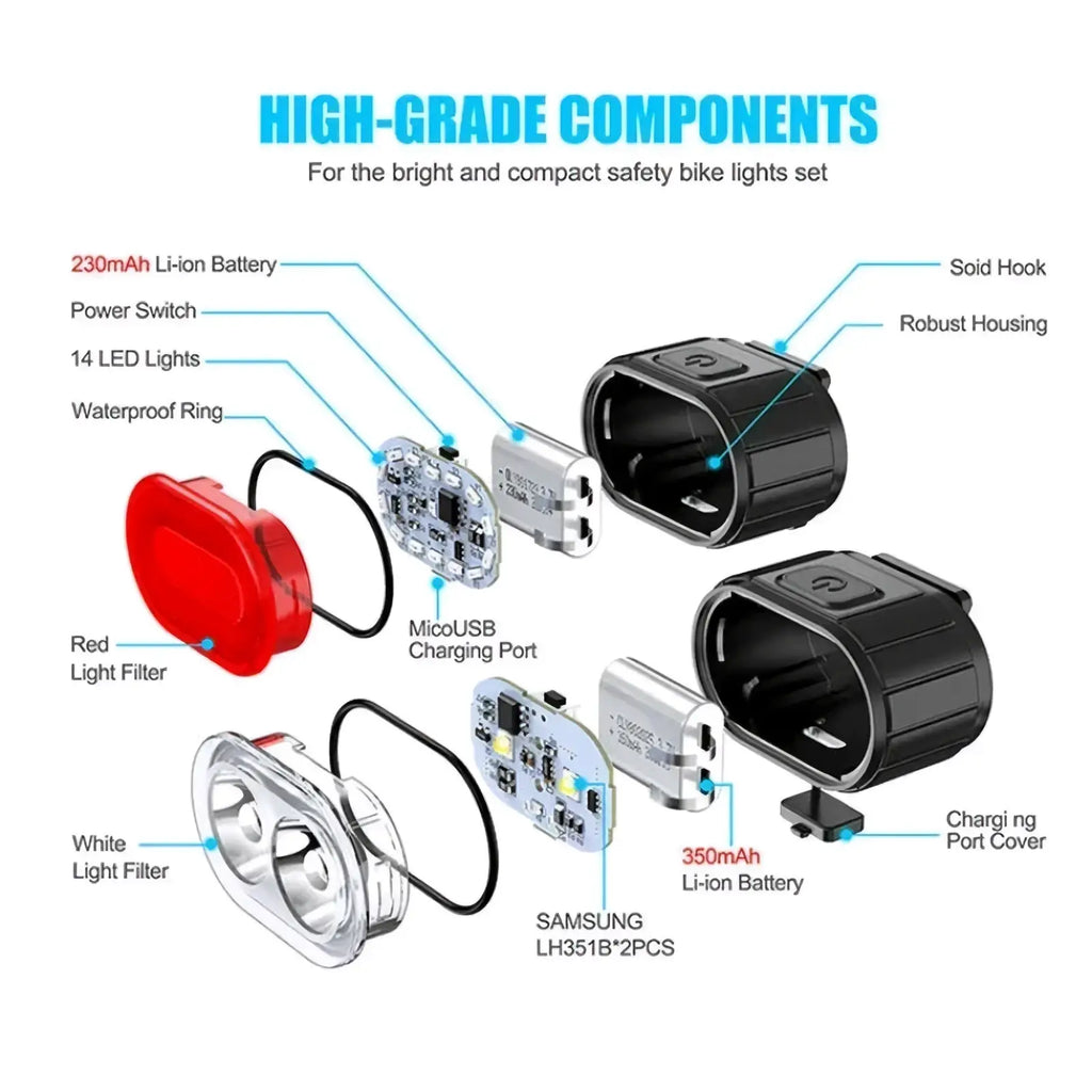 Usb rechargeable led bicycle light set in black and red with waterproof housing lithium-ion batteries and usb ports