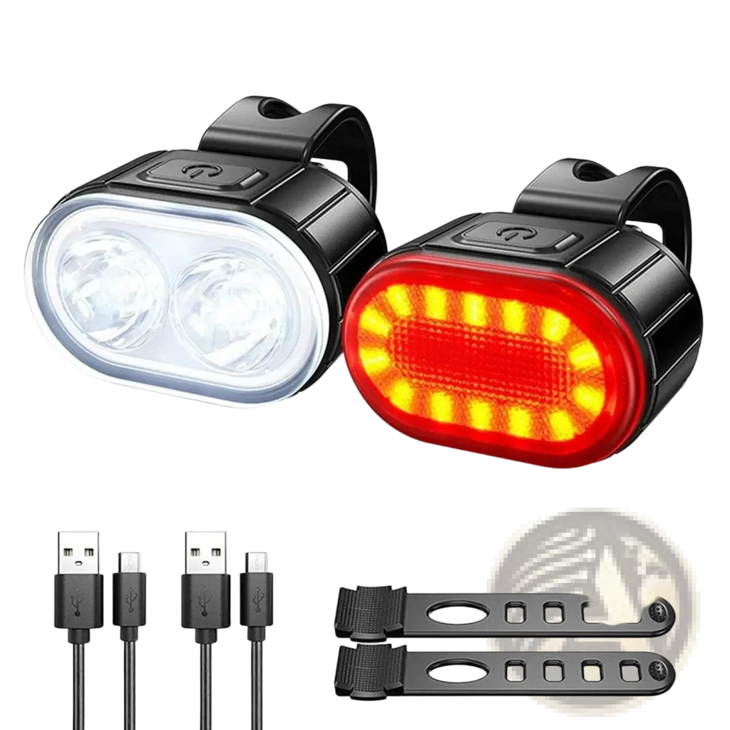 Usb rechargeable led bicycle light set with black frame, white front headlight with two leds, and red rear tail light with yellow leds