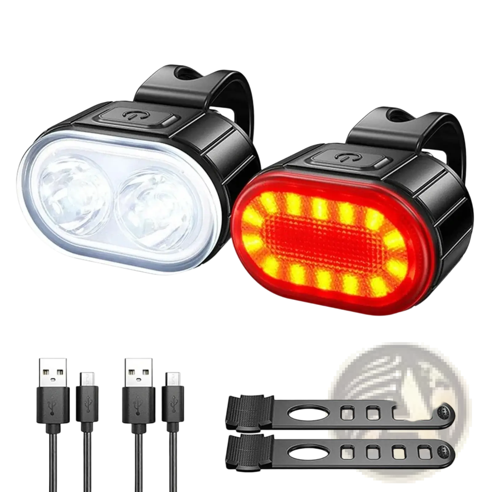 Usb rechargeable led bicycle light set with black frame, white front headlight with two leds, and red rear tail light with yellow leds