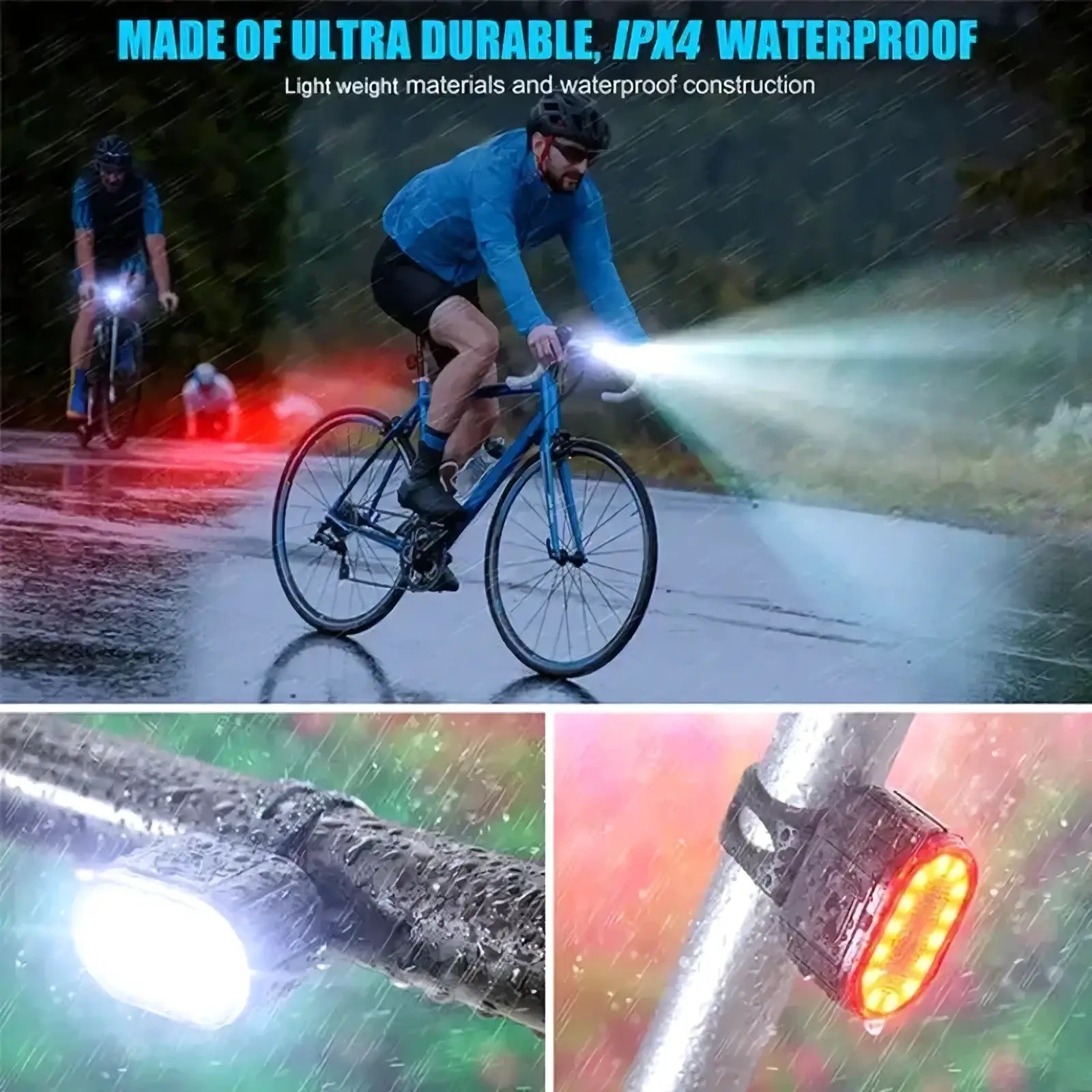 Blue usb rechargeable led bicycle light set with front light and rear reflector designed for rainy conditions