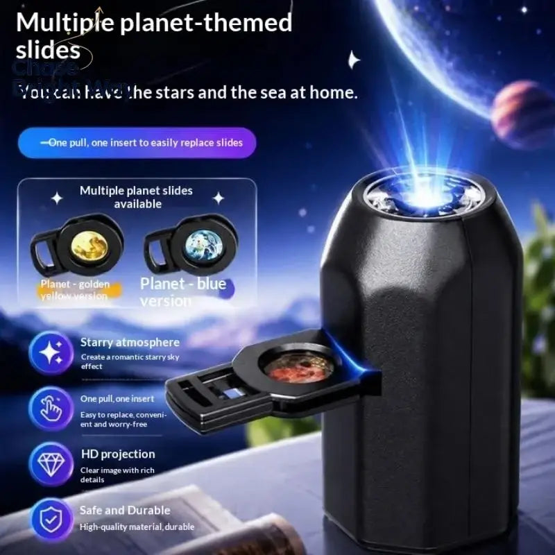 Black usb star galaxy projection lamp with metal gooseneck, glowing blue light, interchangeable slides, usb power night light