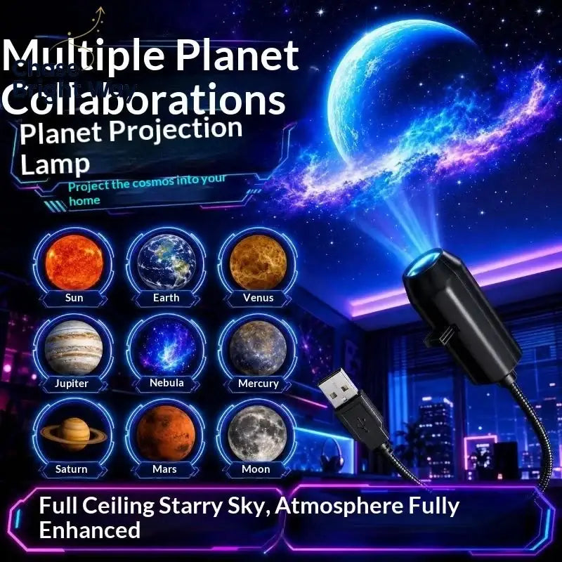 Black usb star galaxy projection lamp with metal gooseneck night light casting planets and nebula cosmic scenes