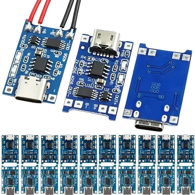 Blue usb type-c lithium battery charger board with silver connectors and black red wires for micro usb charging