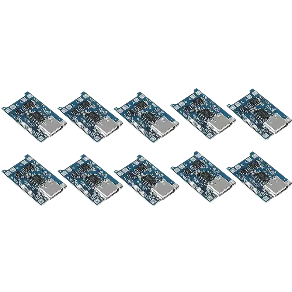 Blue circuit boards with silver usb type-c ports and black components for lithium battery charger use against black background