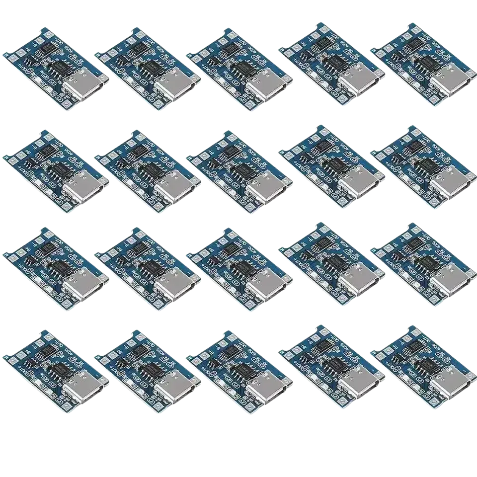 Blue usb type-c lithium battery charger board with silver usb ports and black electronic components