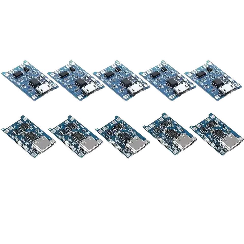 Blue usb type-c lithium battery charger boards with silver ports and black components arranged in two rows on black background