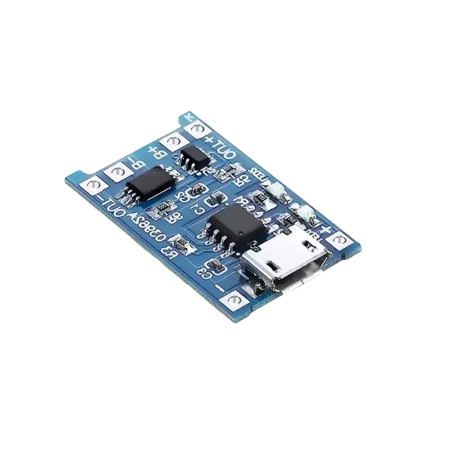 Blue micro usb charging circuit board with black integrated circuits and silver connector for usb type-c lithium battery charger