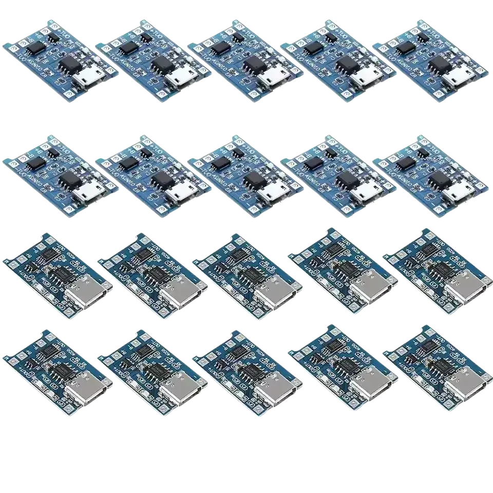 Blue lithium battery charger board with usb type-c ports and black components arranged on a printed circuit board