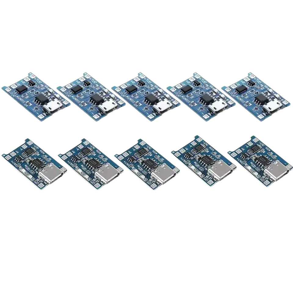 Ten blue usb type-c lithium battery charger boards with micro usb ports and electronic components displayed together
