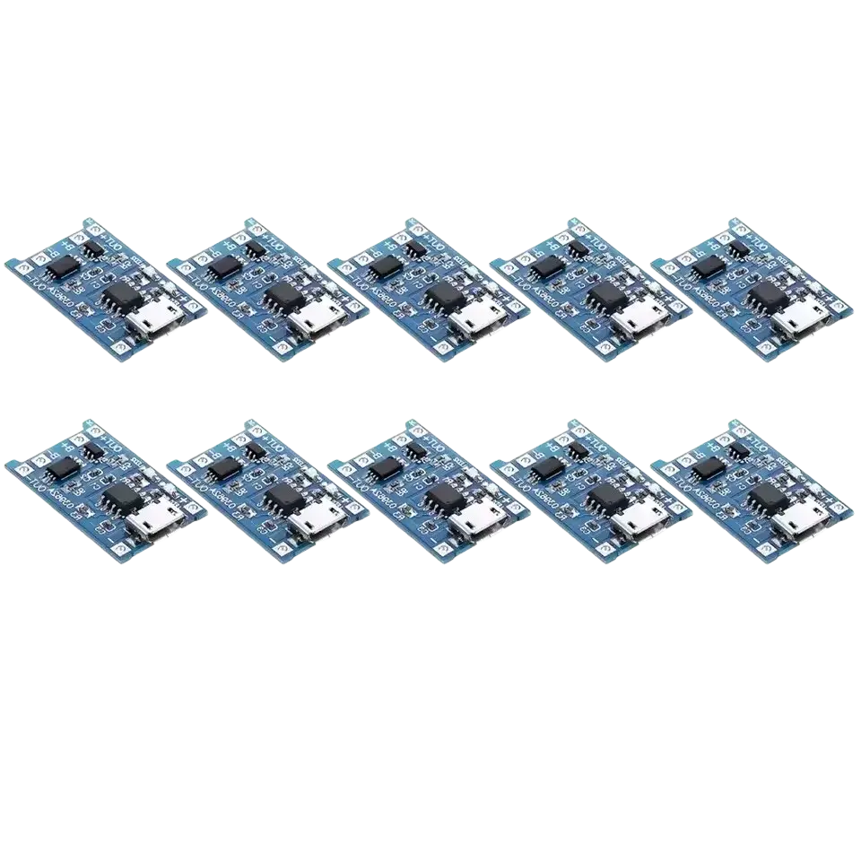 Ten blue micro usb charging boards with compact black components and silver connectors for usb type-c lithium battery charging