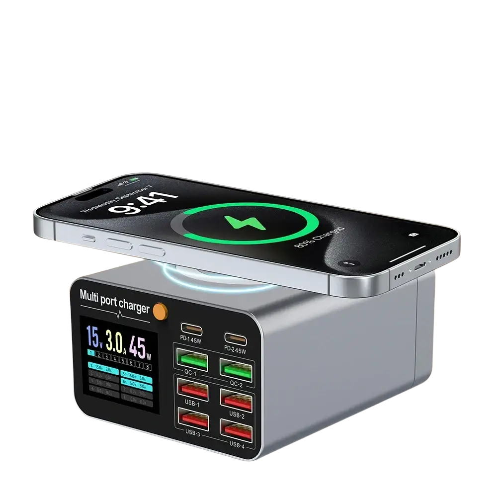 Silver usb type c multiport charging station 120w desktop wireless charger with multiple ports and digital display