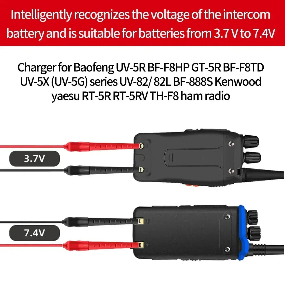 Black and blue usb walkie talkie charger cable with red connectors for 3.7v or 7.4v baofeng walkie talkie charger