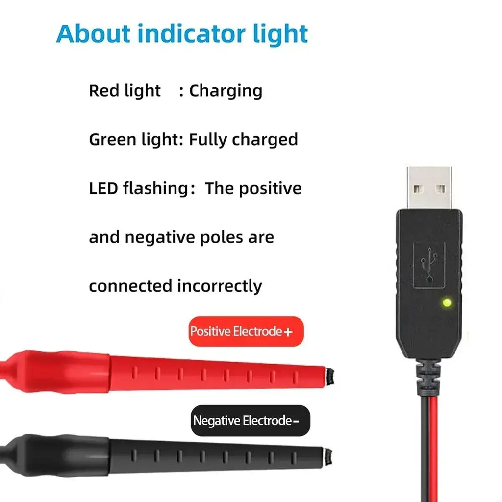 Black usb walkie talkie charger cable with green led indicator connected to red and black test probes for baofeng radio